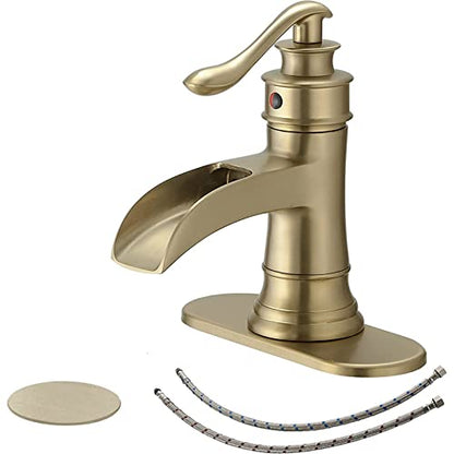 BWE Brushed Gold Waterfall Bathroom Sink Faucet with Deck Plate, 1.2 GPM | Waterfall Spout, Ceramic Cartridge, California-Compliant, Fits 1 or 3-Hole Sinks, Handware Included, Single Handle - color: Brushed Gold