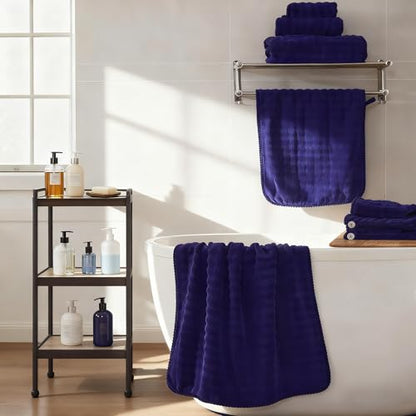 COZYART Lint Free 8Pcs Bathroom Towels Set Ultra Soft Microfiber Navy Blue | Cloud-soft, Ultra fluffy, Thick, Highly Absorbent, Quick Dry, Lint-Free Towels - color: Navy Blue