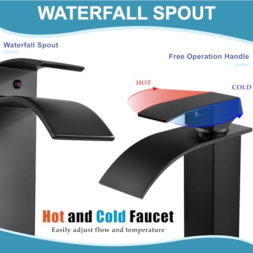 Midanya Waterfall Tall Bathroom Vessel Sink Faucet,Matte Black | with 24” cUPC Water Hoses,Pop Up Drain without Overflow,for 1 hole Vanity,RV,Lavatory,Bowl,Farmhouse,SUS304,Single Handle - color: Black