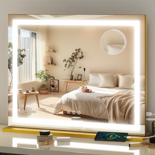 FENNIO 23" x 18" Vanity Mirror with Lights，LED Makeup Mirror，Hollywood Mirror with 3 Color Modes & Adjustable Brightness，Vanity Mirror Square Gold - color: Gold, size: 23"L x 18"W