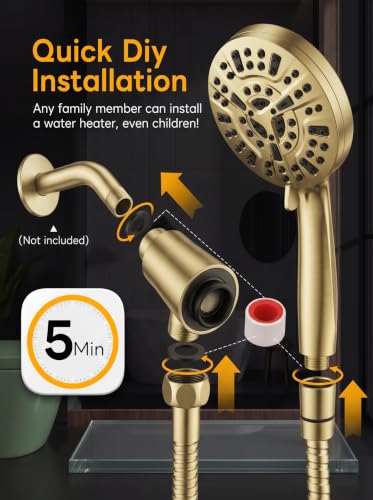 High Pressure Handheld Shower Head Brushed Gold- Anti-clog Nozzles, Built-in Power Wash to Clean Tub, Wall & Overhead Brackets,Magnetitc Rainfall Showerhead with handheld - color: Brushed Gold