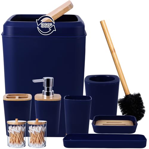 Bathroom Accessories Set, 9 Piece Navy Blue Bathroom Accessory Set with Trash Can,Toothbrush Holder,Toothbrush Cup,Lotion Soap Dispenser,Vanity Tray,Soap Dish,Toilet Brush,Qtip Holder - size: Bath Set, style: Navy Blue
