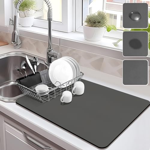 Drying Mat for Kitchen Countertops, Coffee Mat Hide Stain Rubber Backed Absorbent Dish Drying Mat - color: Dark Gray, size: 16" x 20"