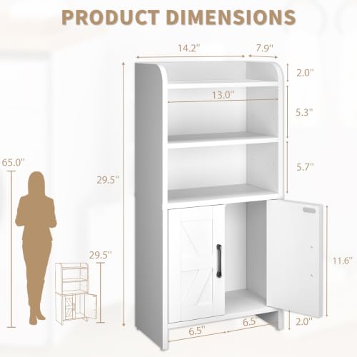 Small Bathroom Storage Cabinet, Farmhouse Freestanding Toilet Paper Storage with 2 Doors and Shelves, Slim Bathroom Storage Cabinet for Small Spaces, White, 7.9" D x 14.2" W x 29.5" H