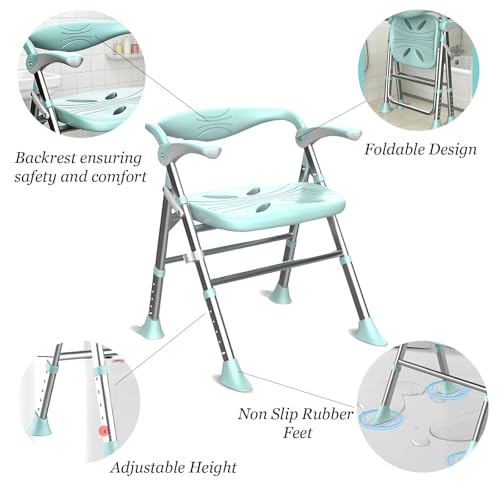 Shower Chair, Shower Chair for Elderly & Disabled, Heavy Duty Bath Stool with Arms and Back, Adjustable Height, Non-Slip Shower Bench Seat, Safe Foldable Bath Assist for Seniors Inside Bathtub Shower