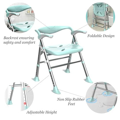 Shower Chair, Shower Chair for Elderly & Disabled, Heavy Duty Bath Stool with Arms and Back, Adjustable Height, Non-Slip Shower Bench Seat, Safe Foldable Bath Assist for Seniors Inside Bathtub Shower