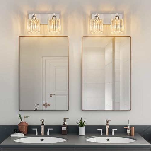 Modern Vanity Light 2-Lights Brushed Nickel Vanity Light Crystal Bathroom Wall Light Bathroom Light Fixtures - color: Nickel Straight, size: 2-light