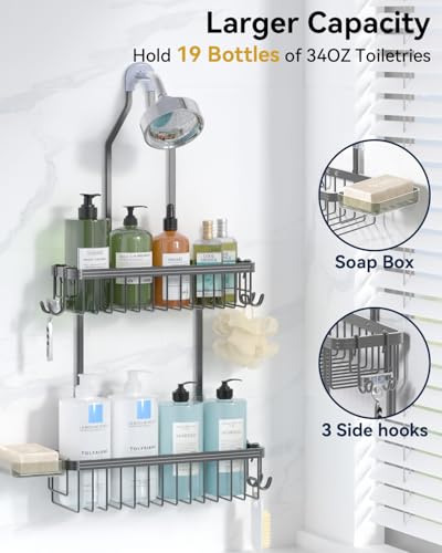Never Rust Shower Caddy Hanging, Aluminum Shower Racks for Inside Shower, 2-Tier Shower Organizer Hanging Over Shower Head with Hooks and Soap Holder, Grey - color: Grey