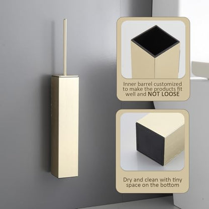 Toilet Brush and Holder Wall Mounted, Brushed Gold Aluminum with 2 Replaceable Heads, Bathroom Toilet Brush, Drill or 3M Adhesive Mount, Removable Liner and Splash Guard, Modern Square Design - color: Brushed Gold-wall Mounted