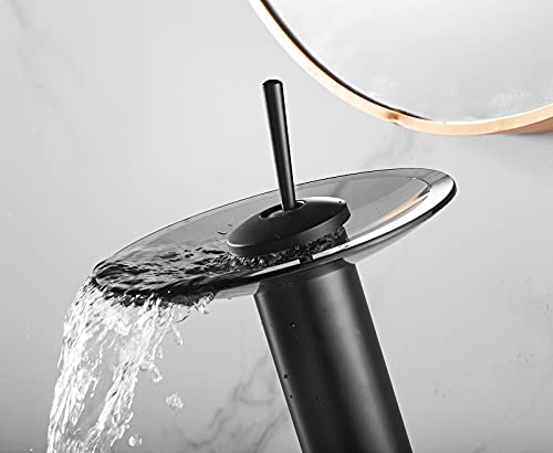 Waterfall Black Bathroom Vessel Faucet Glass Spout 360° Swivel Single Handle One Hole Solid Brass Bowl Faucet Bath Lavatory Vessel Sink Vanity Tall Body for Above Counter Sink | Bowl Sink Faucet Bath Lavatory Vessel Sink Vanity Tall Body for Above Counter