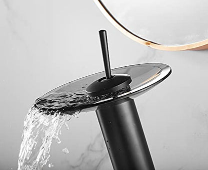 Waterfall Black Bathroom Vessel Faucet Glass Spout 360° Swivel Single Handle One Hole Solid Brass Bowl Faucet Bath Lavatory Vessel Sink Vanity Tall Body for Above Counter Sink | Bowl Sink Faucet Bath Lavatory Vessel Sink Vanity Tall Body for Above Counter
