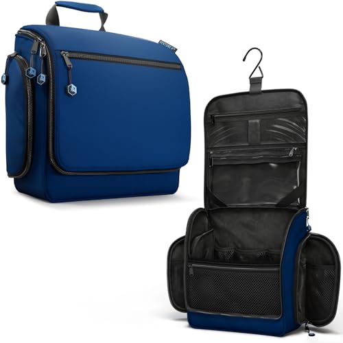 VENTURE 4TH Hanging Travel Toiletry Bag, 18 Compartments - Navy Blue | Hangs on rails, hooks or doors; stands upright. Removable TSA pouch. Water-resistant Nylon 290D Twill, reinforced stitching. - color: Navy