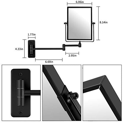 QiMH 3X Magnified Wall Mounted Mirror, Rectangular 8x6 Inch with Extendable Arm | Double-Sided Swivel Bathroom Shaving Vanity Mirror