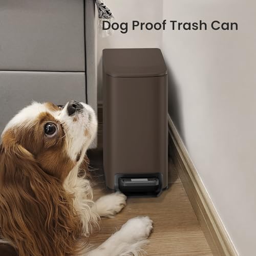 Cesun Small Bathroom Trash Can with Lid, 1.6 Gal, Soft Close, Brown | Step pedal soft close, Slim 5.9in fits narrow spaces, Stainless steel, Anti-fingerprint, Removable inner bucket, Odor seal - color: Brown