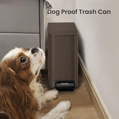 Cesun Small Bathroom Trash Can with Lid, 1.6 Gal, Soft Close, Brown | Step pedal soft close, Slim 5.9in fits narrow spaces, Stainless steel, Anti-fingerprint, Removable inner bucket, Odor seal - color: Brown