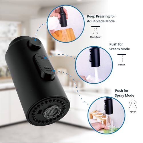 Pull Down Kitchen Faucet Head Replacement, 3 Function Pull Out Sprayer Head Nozzle with 9 Adapters for Kitchen Sink Faucet American Standard, Matte Black - color: Matte Black