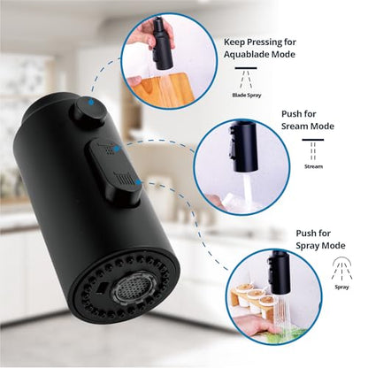 Pull Down Kitchen Faucet Head Replacement, 3 Function Pull Out Sprayer Head Nozzle with 9 Adapters for Kitchen Sink Faucet American Standard, Matte Black - color: Matte Black