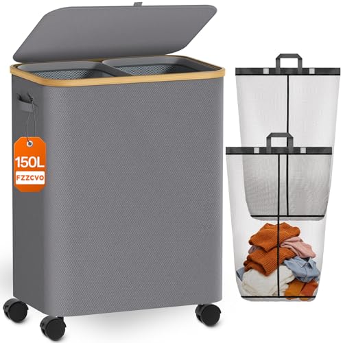 Double Laundry Hamper with Lid and Wheels, 150L Large Laundry Basket with 2 Sections & Removable Liner Bags, Rolling Dirty Clothes Basket with Handles for Bedroom, Bathroom, Dorm, College - color: Gray, size: 150L