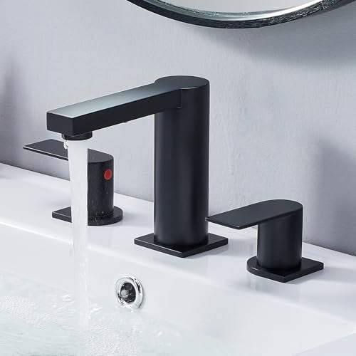 Bathroom Faucet Black 3 Hole, Matte Black Widespread Bathroom Faucet, 2-Handle 8-Inch Center Mount Bathroom Sink Faucet with Hose and Pop-Up Drain for RV Bath Vanity Lavatory, VAL079BRH - color: Matt Black