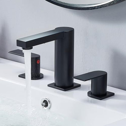 Bathroom Faucet Black 3 Hole, Matte Black Widespread Bathroom Faucet, 2-Handle 8-Inch Center Mount Bathroom Sink Faucet with Hose and Pop-Up Drain for RV Bath Vanity Lavatory, VAL079BRH - color: Matt Black