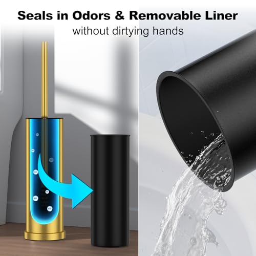 Brass Gold Toilet Brush and Holder Set，Stainless Steel Heavy Duty Toilet Bowl Brush，Extra Long Handled Modern Toilet Cleaner Brush with Replaceable Head, Removable Inner Bowl, and Splash Protection - color: Brass Gold, size: 1 Pack