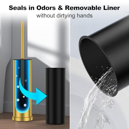Brass Gold Toilet Brush and Holder Set，Stainless Steel Heavy Duty Toilet Bowl Brush，Extra Long Handled Modern Toilet Cleaner Brush with Replaceable Head, Removable Inner Bowl, and Splash Protection - color: Brass Gold, size: 1 Pack