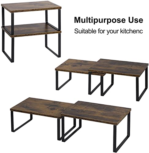 NEX Kitchen Cabinet and Counter Shelf Organizer, Shelf Riser for Pantry Countertop Cupboard Desk Top, Stackable & Expandable, Set of 4, Black and Rustic Brown | Stackable & Expandable Spice Rack, Space-Saving Pantry Organizers Bathroom Countertop Storage,
