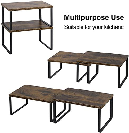 NEX Kitchen Cabinet and Counter Shelf Organizer, Shelf Riser for Pantry Countertop Cupboard Desk Top, Stackable & Expandable, Set of 4, Black and Rustic Brown | Stackable & Expandable Spice Rack, Space-Saving Pantry Organizers Bathroom Countertop Storage,