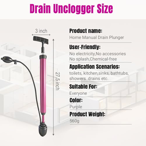 Manual Drain Unclogger, High Pressure Toilet Plunger: No-Splash, No Electricity, No Accessories, Pipe-Safe, Easy to Use, Reusable & Easy to Clean for Toilet, Sink, Bathtub, All Household Pipes - color: Purple