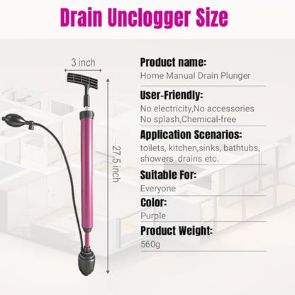 Manual Drain Unclogger, High Pressure Toilet Plunger: No-Splash, No Electricity, No Accessories, Pipe-Safe, Easy to Use, Reusable & Easy to Clean for Toilet, Sink, Bathtub, All Household Pipes - color: Purple