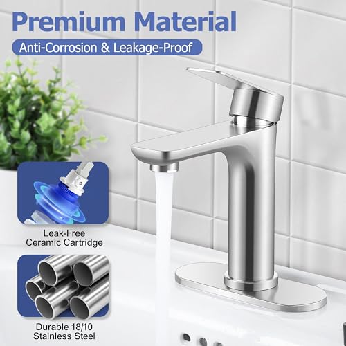 Herogo Bathroom Sink Faucet 1 or 3 Holes, Brushed Nickel Bathroom Faucet with Pop-up Drain, Hooks & Water Supply Hoses, Stainless Steel, Single Handle, for Vanity RV Farmhouse - color: Brushed Nickel