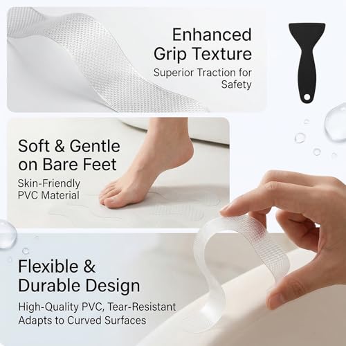 Anti Slip Shower Stickers, 120 Pieces Wavy Shower Floor Non Slip Stickers, Adhesive Decals Safety Strips with Scraper for Bath Tub, Shower Floor and Stairs (Clear) (120 Wavy) - size: 120 Wavy