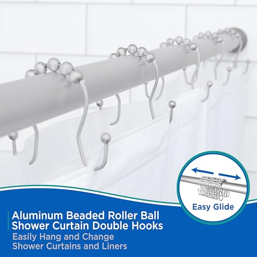 Kenney KN67124 Rust-Proof Gliding Aluminum Beaded Shower Curtain Rings with Double Hanging Hooks for Shower Curtain and Standard Shower Curtain Rod, Bathroom Use, Easy to Install, 12-Pack, Matte Gray