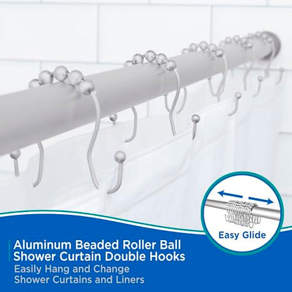 Kenney KN67124 Rust-Proof Gliding Aluminum Beaded Shower Curtain Rings with Double Hanging Hooks for Shower Curtain and Standard Shower Curtain Rod, Bathroom Use, Easy to Install, 12-Pack, Matte Gray