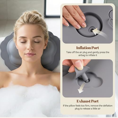 Silicone Bath Pillow for Tub Travel Inflatable Head Neck Support | Easy to Clean, Quick-Drying, No Machine Wash Needed, Non-Slip Suction Cups, Ergonomic, Gifts for Women, Gray - color: Gray