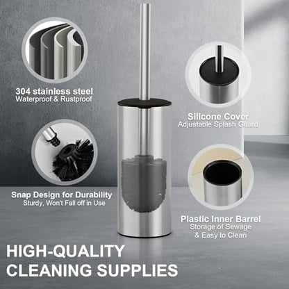 04 Stainless Steel Toilet Bowl Cleaner Brush and Holder Set | Brushed Bathroom Toilet Brush, Floor-Standing Circular Base, Long Handle, Heavy-Duty with 2 Brush Heads - color: H-brushed