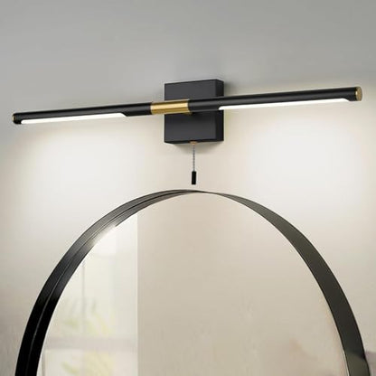 24 Inch Black and Gold Bathroom Vanity Light with Pull Chain Switch, Modern Over Mirror Wall Sconces Lighting, 6000K 360° Bath Light Fixture with Adjustable Lamp Tubes