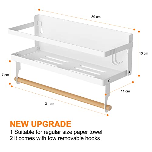 Spice Rack Magnetic Shelf with Paper Towel Holder Roll and Hooks, Foldable Refrigerator Magnetic Spice Holder, Seasoning Organizer Hanging Spice Storage Stand, White - color: White