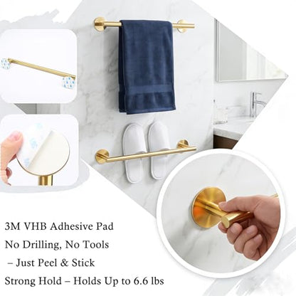 Self Adhesive Towel Bar,16" Brushed Gold No Drill Bathroom 304SS Towel Holder - color: Brushed Gold, size: 15.7 Inch