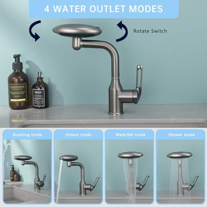 Bathroom Sink Faucet 1 Hole, Gunmetal Grey Multifunctional Basin Faucet with 4 Water Outlet Modes, Modern 360°Rotatable Bar Tap with Two Water Supply Pipes - color: Gray