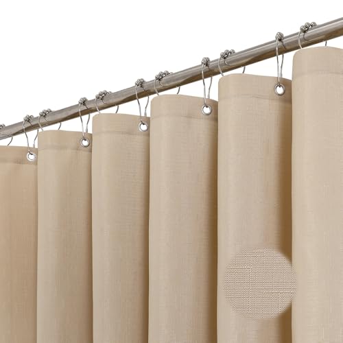 Beige Boho Faux Linen Fabric Shower Curtain, Textured Hotel Luxury Waterproof Decorative Heavy Duty Polyester Cloth Shower Curtain Set, 72x72 inches - color: Beige, size: 72"W x 72"L (Pack of 1), style: 12 Hooks