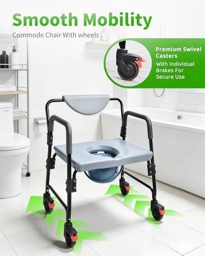 Bedside Commode - Rolling Shower Chair with Wheels - Portable Toilet for Elderly - Rear Locking Wheels 7-qt Commode Bucket Included, HDB-601A