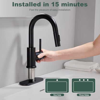 Black Bathroom Sink Faucet with Pull Down Sprayer | 2 Mode Sprayer, with Deck Plate for 1 or 3 Hole, 360° Swivel, with Pop Up Drain for Vanity Bar RV Basin Laundry - color: Matte Black