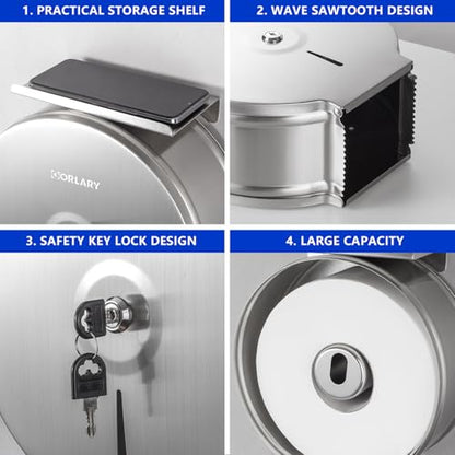 Gorlary Commercial Jumbo Toilet Paper Dispenser with Shelf, Large Capacity | Wall Mount Stainless Steel Roll Holder, 9 inch Brushed Toilet Paper Roll Holder for Bathroom Office, Silver - color: Sliver