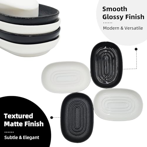 Ceramic Soap Dish for Bathroom & Kitchen Sink- Black Matte Textured Finish Bar Soap Holder for Shower - Easy to Clean Small Simple Oval Soap Dishes Holders for Bar Soaps, Sponges, Jewelry - color: Black- Textured Matte