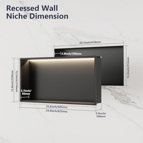 LED Stainless Steel Shower Niche 24" x 12" No Tile Needed | Recessed Wall Niche with Light, Shower Shelf for Bathroom Storage Insert Installation (Matte Black)