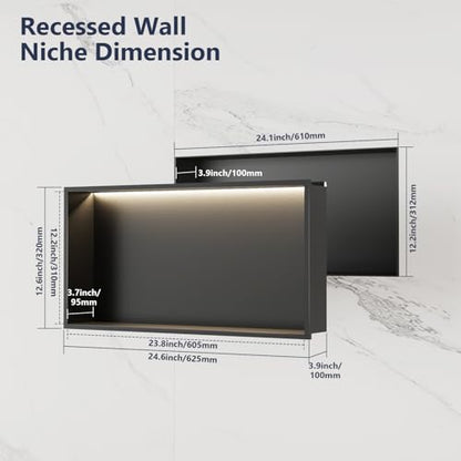 LED Stainless Steel Shower Niche 24" x 12" No Tile Needed | Recessed Wall Niche with Light, Shower Shelf for Bathroom Storage Insert Installation (Matte Black)