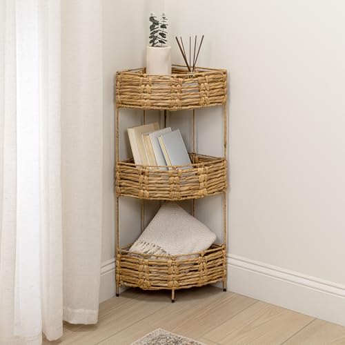 Eyely SHF2012A Aurel 32.5" Coastal Handwoven Water Hyacinth 3-Tier Corner Freestanding Storage Rack with Metal Frame, Multipurpose Shelving Unit for Living Room, Bedroom, Bathroom, Natural - color: Natural