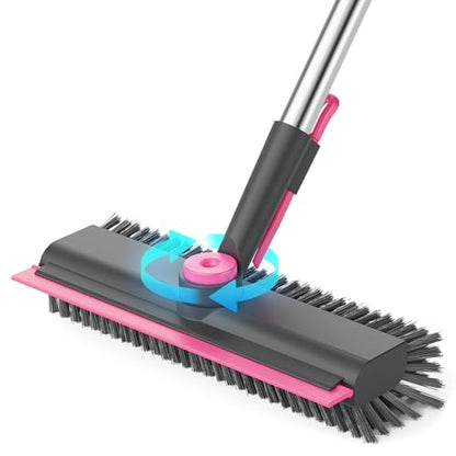 3 in 1 Floor Scrub Brush with Long Handle, Deck Brush with Squeegee | Stiff Dual-side Bristle, 360° Swivel Head with Tweezer, for Tile Wall Deck Bathroom Patio Garage Pool Kitchen (Pink and Gray) - color: Pink and Grey