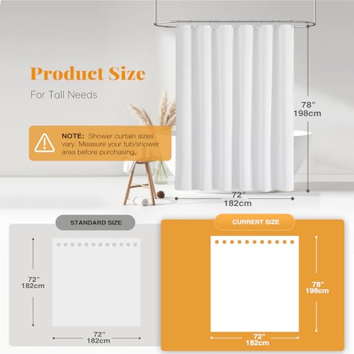 72x78 Linen Textured Waterproof Thick Fabric Shower Curtain Set, White | Long Size, 230GSM Polyester, Heavy Duty Cloth, Weighted Hem, 12 Plastic Hooks, Modern Luxury Hotel Style, Machine Washable - color: White, size: 72"W x 78"L (Pack of 1)